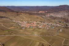 View of a winegrowing village from the south in winter without snow in Birkweiler in the state Rhineland-Palatinate, Germany