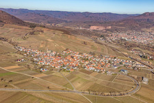 Aerial view of View of a winegrowing village from the south in winter without snow in Birkweiler in the state Rhineland-Palatinate, Germany