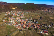 Aerial view of View of the winegrowing village in winter from the south in Frankweiler in the state Rhineland-Palatinate, Germany
