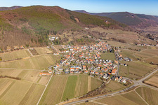 View of a winegrowing village from the south in winter without snow in Gleisweiler in the state Rhineland-Palatinate, Germany