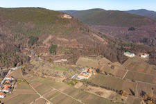 Aerial view of Complex of the hotel building Wohlfuehlhotel Alte Rebschule and Gasthaus Sesel in Rhodt unter Rietburg in the state Rhineland-Palatinate, Germany