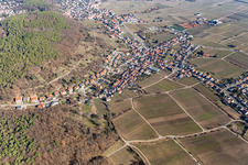View of a winegrowing village from the south in winter without snow in the district Hambach an der Weinstraße in Neustadt an der Weinstraße in the state Rhineland-Palatinate, Germany