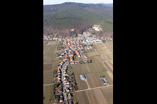 Wine yards surround the settlement area of the village in the district Haardt in Neustadt an der Weinstrasse in the state Rhineland-Palatinate, Germany
