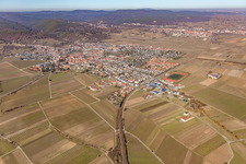 View of a winegrowing village from the southeast in winter without snow in Wachenheim an der Weinstraße in the state Rhineland-Palatinate, Germany