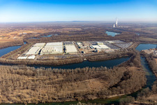Aerial view of Building complex and grounds of the logistics center Daimler AG Global Logistic Center on the Island Gruen in Germersheim in the state Rhineland-Palatinate, Germany