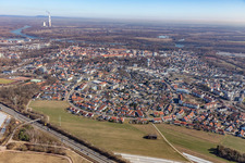 Aerial view of Ludwig-Erhard-Straße from the west, beyond the B9 in Germersheim in the state Rhineland-Palatinate, Germany