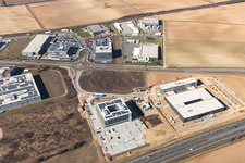 Aerial view of New building - construction site on the factory premises of Eizo GmbH on Gewerbegebiet Nord in Ruelzheim in the state Rhineland-Palatinate, Germany