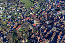 Aerial view of Historic town center with St. Martin's Church in Staufen im Breisgau in the state Baden-Wuerttemberg, Germany