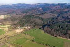 Aerial view of Rothofweg from the west in Staufen im Breisgau in the state Baden-Wuerttemberg, Germany