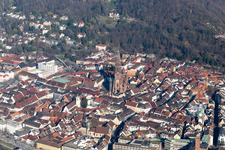 Aerial view of Muenster in the district Altstadt in Freiburg im Breisgau in the state Baden-Wuerttemberg, Germany