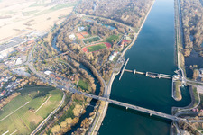 Aerial view of Forest Stadium, Forest Swimming Pool in Breisach am Rhein in the state Baden-Wuerttemberg, Germany