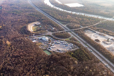 Aerial view of Bremgarten shooting range and rest area in Hartheim am Rhein in the state Baden-Wuerttemberg, Germany
