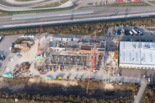 Aerial view of Construction site for the new building and Erweiterung of and expansion of the truck development and testing center in the district Industriegebiet Woerth-Oberwald in Woerth am Rhein in the state Rhineland-Palatinate, Germany