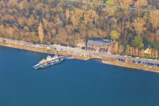 Rhine by ferry to Leimersheim in the district Leopoldshafen in Eggenstein-Leopoldshafen in the state Baden-Wuerttemberg, Germany from above