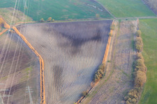 Plow marks in a field under a high-voltage power line in Leimersheim in the state Rhineland-Palatinate, Germany