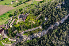 Aerial view of Park and gardenss of the castle Marqueyssac above the Dordogne in Vezac in Nouvelle-Aquitaine, France