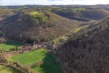 Aerial view of Céou Valley in Castelnaud-la-Chapelle in the state Dordogne, France