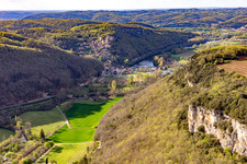 Aerial photograpy of Chateau de Castelnaud-la Chapelle above the Dordogne Bridge in Castelnaud-la-Chapelle in the state Dordogne, France