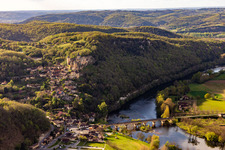 Aerial view of Castle of Chateau de Castelnaud-la-Chapelle in Castelnaud-la-Chapelle in Nouvelle-Aquitaine, France