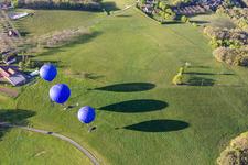 Aerial photograpy of Hot air balloons launching over the airspace in Veyrines-de-Domme in Nouvelle-Aquitaine, France