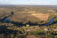 Aerial photograpy of Castle of Montfort above the Dordogne in Vitrac in Nouvelle-Aquitaine, France