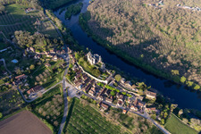 Castle of Montfort above the Dordogne in Vitrac in Nouvelle-Aquitaine, France from above