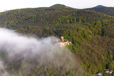 Landeck Castle in the morning mist in Klingenmünster in the state Rhineland-Palatinate, Germany out of the air