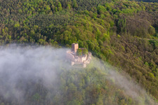 Landeck Castle in the morning mist in Klingenmünster in the state Rhineland-Palatinate, Germany seen from above