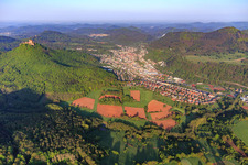 City view between Trifels Castle and Queich Valley from the east in Annweiler am Trifels in the state Rhineland-Palatinate, Germany