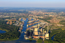 Aerial view of Karlsruhe Rhine ports from the west in the district Daxlanden in Karlsruhe in the state Baden-Wuerttemberg, Germany