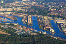 Karlsruhe Rhine ports from the west in the district Mühlburg in Karlsruhe in the state Baden-Wuerttemberg, Germany