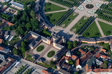 Aerial photograpy of Building complex in the park of the castle Schloss Schwetzingen Mittelbau in Schwetzingen in the state Baden-Wurttemberg, Germany
