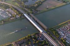 Aerial view of River - bridge construction Rheinbruecke Maxau in , Germany