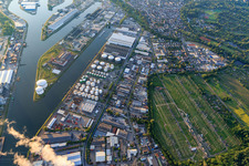 Aerial view of Rhine port with Oiltanking Deutschland GmbH & Co. KG in the district Mühlburg in Karlsruhe in the state Baden-Wuerttemberg, Germany