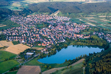 Village on the lake bank areas des Steisslingen See in Steisslingen in the state Baden-Wurttemberg