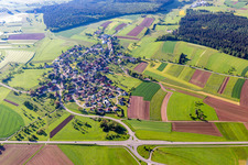 Agricultural land and field borders surround the settlement area of the village in Durrweiler in the state Baden-Wurttemberg, Germany
