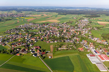 Agricultural land and field borders surround the settlement area of the village in Winzeln in the state Baden-Wurttemberg, Germany