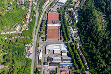 Aerial view of Building and production halls on the premises of Mauser-Werke Oberndorf Maschinenbau GmbH in Oberndorf am Neckar in the state Baden-Wurttemberg, Germany