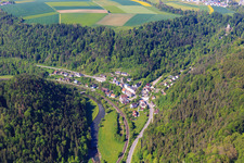 View of the town from the east, across the Neckar river in the district Talhausen in Epfendorf in the state Baden-Wuerttemberg, Germany