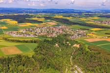 View of the town with castle ruins Herrenzimmern from the east in the district Herrenzimmern in Bösingen in the state Baden-Wuerttemberg, Germany