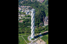 Aerial view of Thyssen-Krupp test tower for elevators in Rottweil in the state Baden-Wuerttemberg, Germany