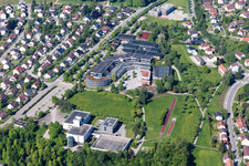 School building and sports field of the Leibniz-Gymnasium, of Nell-Breuning Schule and of Erich-Hauser-Gewerbeschule and Kreissporthalle Rottweil in Rottweil in the state Baden-Wurttemberg, Germany