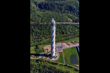 Oblique view of Thyssen-Krupp TK Elevator test tower for elevators in Rottweil in the state Baden-Wuerttemberg, Germany