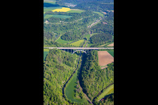 Aerial view of Routing and traffic lanes over the highway bridge in the motorway A 81 crossing the Neckar river loops in Rottweil in the state Baden-Wurttemberg, Germany