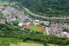 Aerial view of Albeck Stadium and Sololei Leisure Pool in Sulz am Neckar in the state Baden-Wuerttemberg, Germany