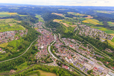 Aerial view of Overview of locations including Wöhrd-äPark on the Neckar River in Sulz am Neckar in the state Baden-Wuerttemberg, Germany