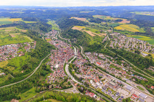 Aerial photograpy of Overview of locations including Wöhrd-äPark on the Neckar River in Sulz am Neckar in the state Baden-Wuerttemberg, Germany