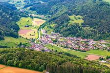 Village view in the Glatt Valley from the southeast in the district Hopfau in Sulz am Neckar in the state Baden-Wuerttemberg, Germany