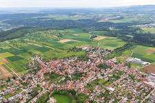 Agricultural land and field borders surround the settlement area of the village in Ostdorf in the state Baden-Wurttemberg, Germany