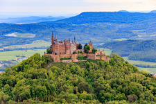 Oblique view of Hohenzollern Castle in the district Zimmern in Bisingen in the state Baden-Wuerttemberg, Germany